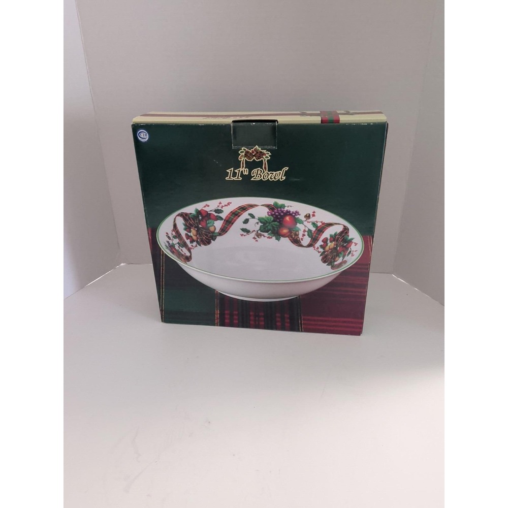 William James Christmas Fine Stoneware 11 Inch Serving Bowl Plaid Ribbon Fruit